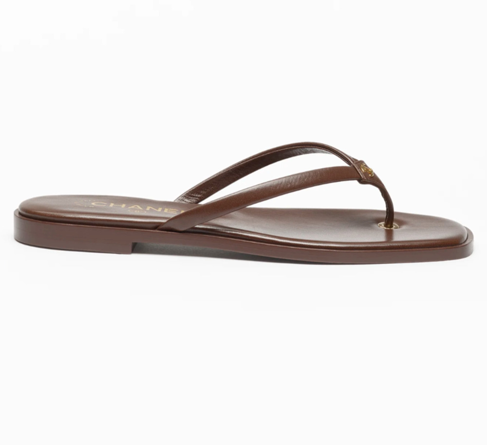 Chanel 26A Chocolate Brown Leather Gold CC Logo Thong Flip Flop Flat Sandal 42